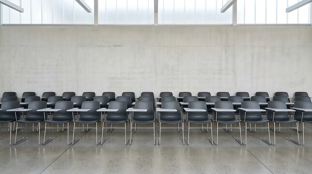 Rows of Modern Black Lecture Hall Chairs with Writing Tablets in an Empty Classroom