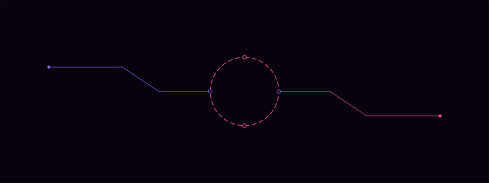 Abstract circular network connection with incoming purple and outgoing pink data lines.