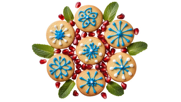 Round cookies with blue and white snowflake icing and pomegranate seeds