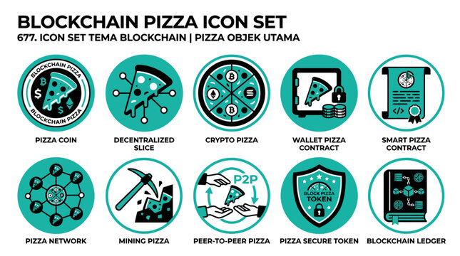 Blockchain Pizza Icon Set: Crypto, Finance, Digital Economy, Technology