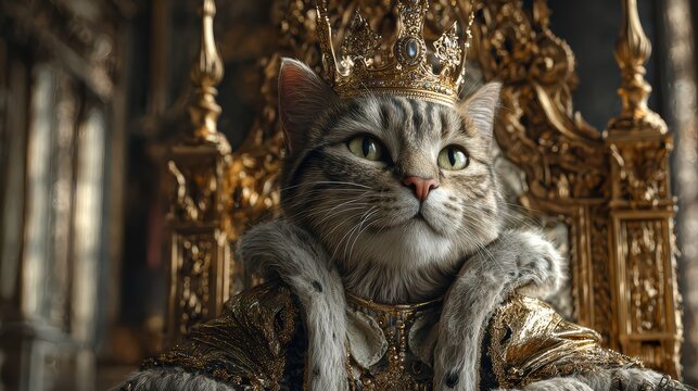 royal cat wearing crown and luxurious king robe sitting on golden throne, dramatic palace interior, full scene view, ultra realistic photography, 8k 