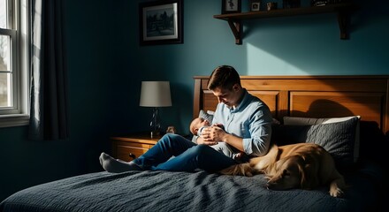 Obraz premium Happy fathers day dad holding newborn baby with golden retriever