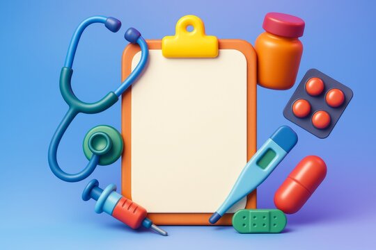 Medical clipboard mockup surrounded by cartoon-style healthcare items including stethoscope, syringe, pills, and thermometer on blue background. Ai generative