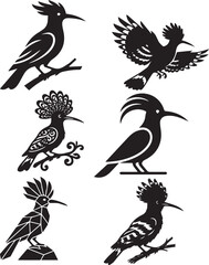 Fototapeta premium Black and White Bird Silhouettes Perched and Flying on White Background Illustration