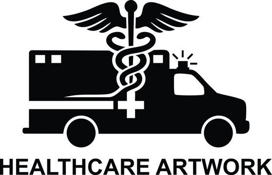 Ambulance and caduceus medical symbol silhouette vector illustration, minimalistic black and white healthcare artwork