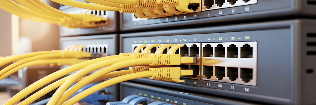 Closeup of multiple yellow ethernet cables plugged into network switch ports