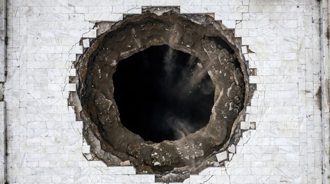 Large circular sinkhole in cracked white marble pavement, with rocks and dust falling into the dark void. Catastrophic scene conveys sudden destruction.