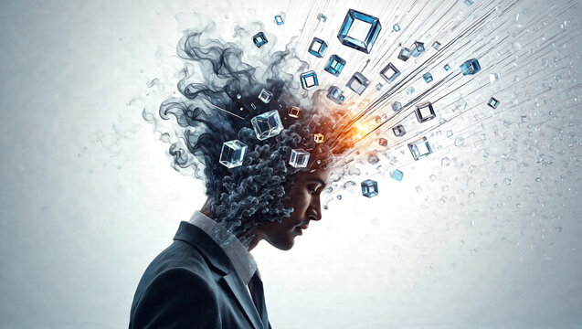 Surreal concept of a businessman's mind exploding into geometric data cubes and smoke