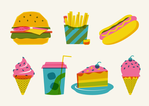 playful retro fast food collection with bold colorful riso print style