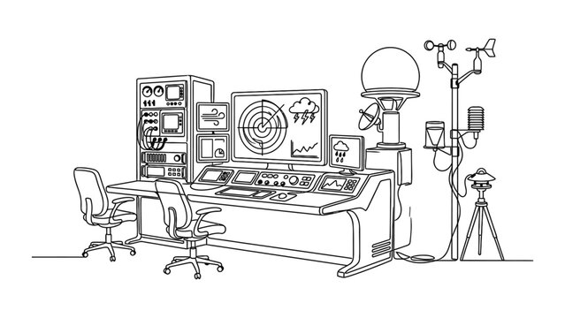 Futuristic control room with radar and monitors, line art illustration