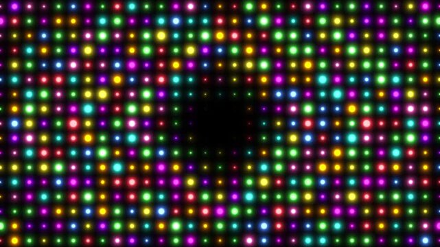 Colorful glowing LED dot matrix pattern with dynamic disco lighting and flashing vibrant neon colors on background, 4k video