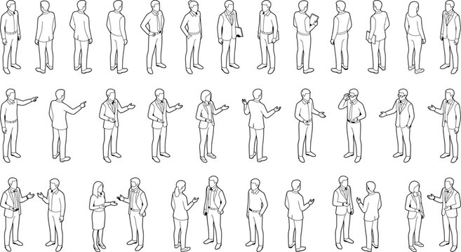 Set of isometric business people characters standing and talking isolated on white background