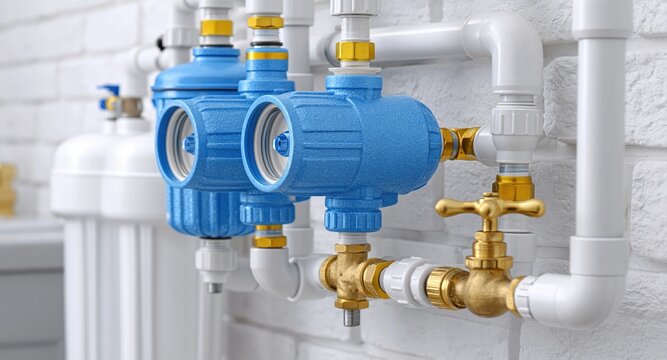 Close up of a modern home water filtration system. Blue water filters and white pipes with brass valves on a white brick wall. Plumbing installation concept
