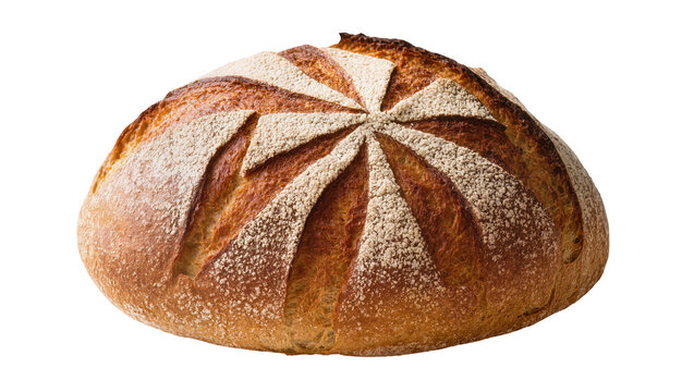 Round artisan sourdough bread with scoring and flour dusting