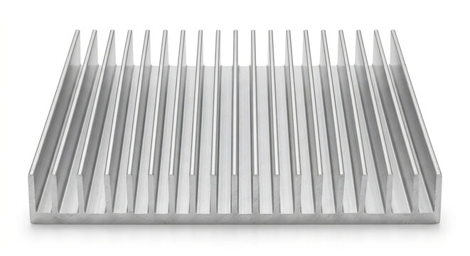 Extreme macro of an extruded aluminum heatsink with parallel cooling fins, isolated on a clean white background.