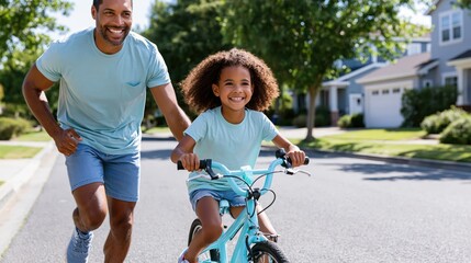 Obraz premium Father running alongside his daughter as she learns to ride her bicycle