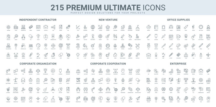 Hybrid work in office and home, freelance, company cooperation, team organization line icon set. investment in development of new venture, risk management thin black outline symbol vector illustration
