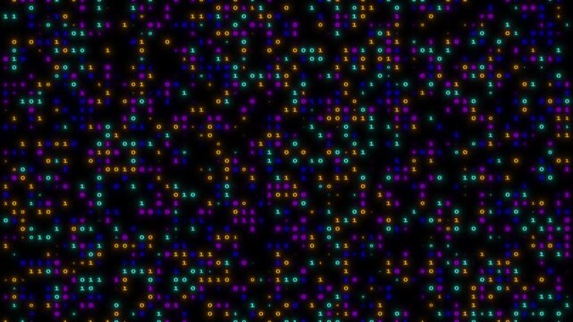 Colorful neon glowing binary code matrix pattern with dynamic lighting and digital data stream on dark background, 4k video