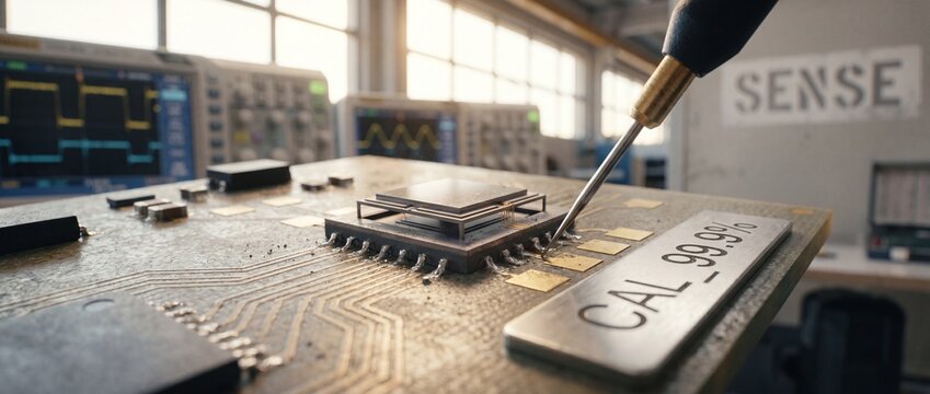 Microchip testing on circuit board in electronics laboratory, calibrating semiconductor motherboard with precision probe and oscilloscope equipment for high-tech industrial engineering concept.