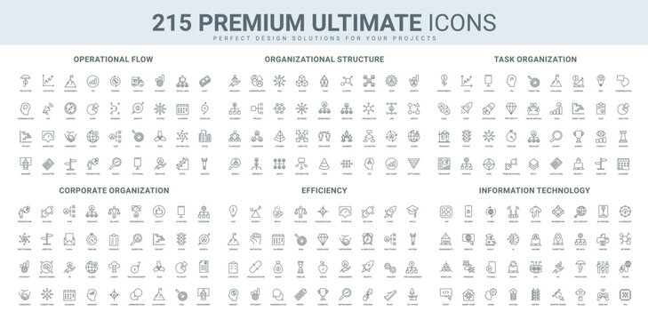 Information technology, big data protection, task efficiency line icon set. Corporate organization of solutions and recruitment, risk management thin black outline symbols vector illustration