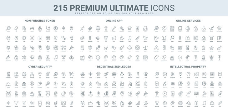 Intellectual property, trademark and copyright, online app and service with AI, NFT line icon set. Cryptocurrency blockchain decentralized network thin black outline symbols vector illustration