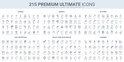 Food and drink tasting, agriculture farm products and cooking in kitchen thin black line icons set vector illustration. Outline symbols of diet nutrient, bakery and chefs recipe, fruits and vegetables © lembergvector