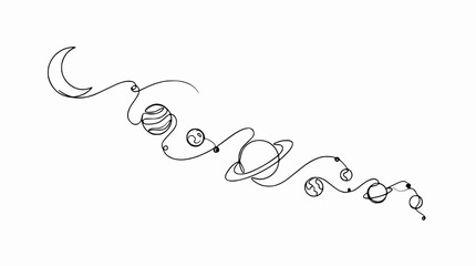 Minimalist continuous line drawing of solar system planets and moon on white background. © rglstrm