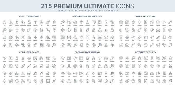 Video games, software code, cloud technology thin black line icons set vector illustration. Outline symbols of digital data infrastructure and development, protection of information, web app and AI