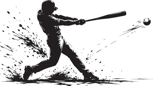 Black silhouette of a baseball player swinging a bat to hit a ball with a dynamic ink splash effect and motion lines