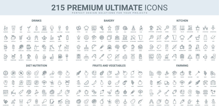 Food and drink tasting, agriculture farm products and cooking in kitchen thin black line icons set vector illustration. Outline symbols of diet nutrient, bakery and chefs recipe, fruits and vegetables