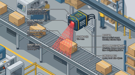 Isometric Infographic of a Photoelectric Distance Sensor System for Industrial Conveyor Belt Object Measurement