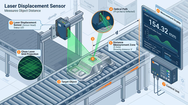 Technical three dimensional isometric view of a measurement system using optical beams to monitor product dimensions on an industrial conveyor line
