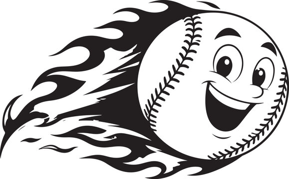 Happy cartoon baseball ball character with flaming fire speed effect moving fast for sports mascot logo design