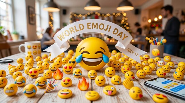 World Emoji Day celebration with yellow 3D icons on wooden table, July 17 holiday banner with laughing emoji, social media communication concept