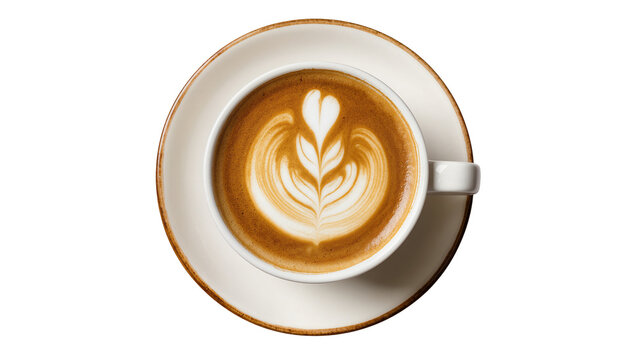Cappuccino with latte art heart and leaf pattern on saucer