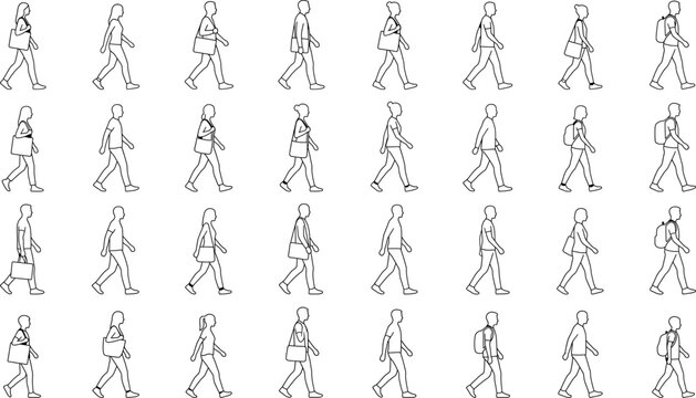 Set of walking people silhouettes, diverse men and women with bags and backpacks, side view, isolated on white background