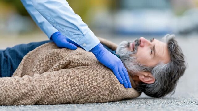 Tracking shot of paramedic placing gloved hand on man's chest while assessing patient on pavement roadside
