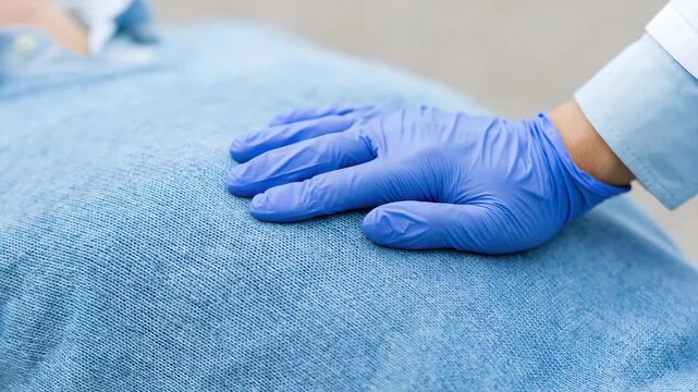Slow motion tracking close up of gloved hand performing chest compressions on patient lying on stretcher in clinical hospital emergency setting