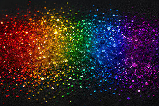 Vibrant Rainbow Glitter and Sequins Scattered on Dark Texture Background