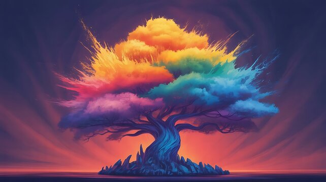 Abstract colorful tree of life with exploding rainbow paint cloud foliage generative AI