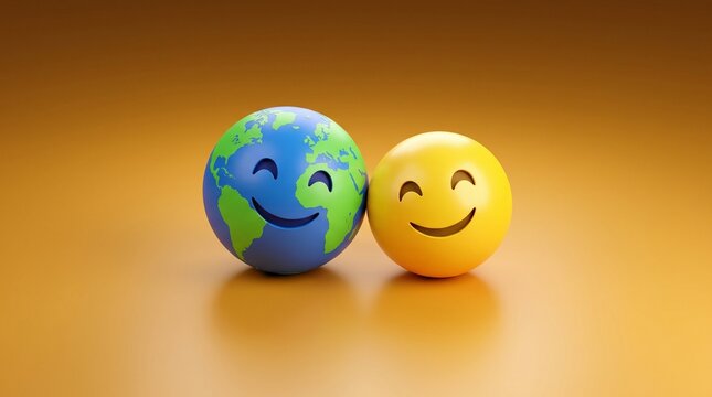 Happy earth globe and yellow smiley face emoji, cheerful planet earth with smiling emoticon, environmental conservation and global happiness concept