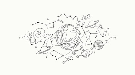 Whimsical Hand-Drawn Space Constellations and Planets Doodle Art © rglstrm
