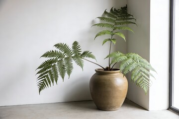 Obraz premium Green fern plant in a rustic ceramic pot placed in a bright white corner