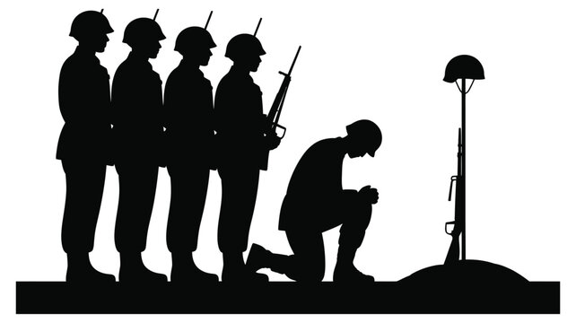 Military tribute silhouette illustration featuring soldiers honoring fallen comrades beside a battlefield memorial with helmet and rifle