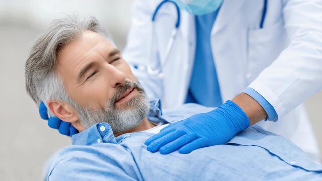 Handheld tracking shot of older man receiving medical assistance from clinician with blue gloves on roadside