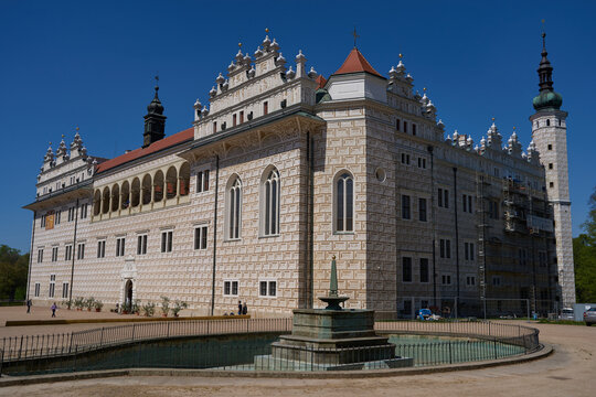 Litomysl, Czech Republic - May 1, 2026 - Renaissance castle with sgraffito facade and tower under blue sky