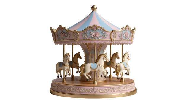 Pink and blue carousel with horses and ornate details