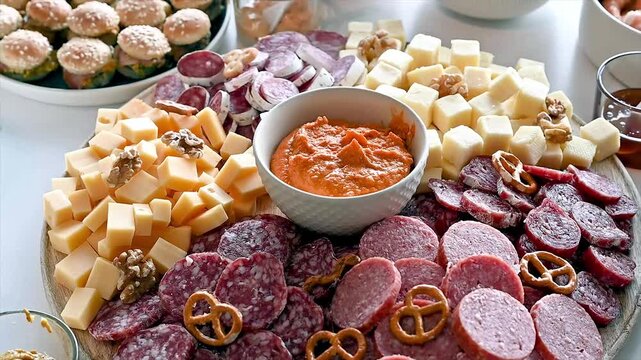 Close-up of a round charcuterie board with cheese cubes salami pretzels walnuts and a red pepper dip a tempting party grazing spread for sharing.