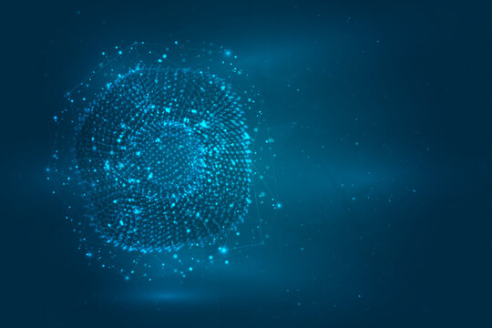 Abstract 3D shape of glowing dots on a blue background