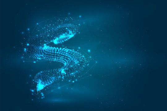 Abstract 3D shape of glowing dots on a blue background